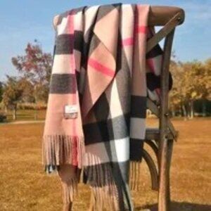 New Cashmere Blend Plaid Shawl Wrap With Fringe Beige Red Black